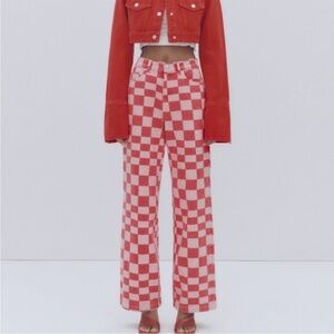 Zara Wide Leg Checkered Jeans Size 0